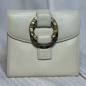 Bvlgari Cream Leather Wallet with Gold Ring